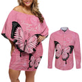 Personalised Australia Breast Cancer Awareness Couples Matching Off Shoulder Short Dress and Long Sleeve Button Shirt Pink Ribbon Butterfly Opal Pattern - Aussie Hoodie