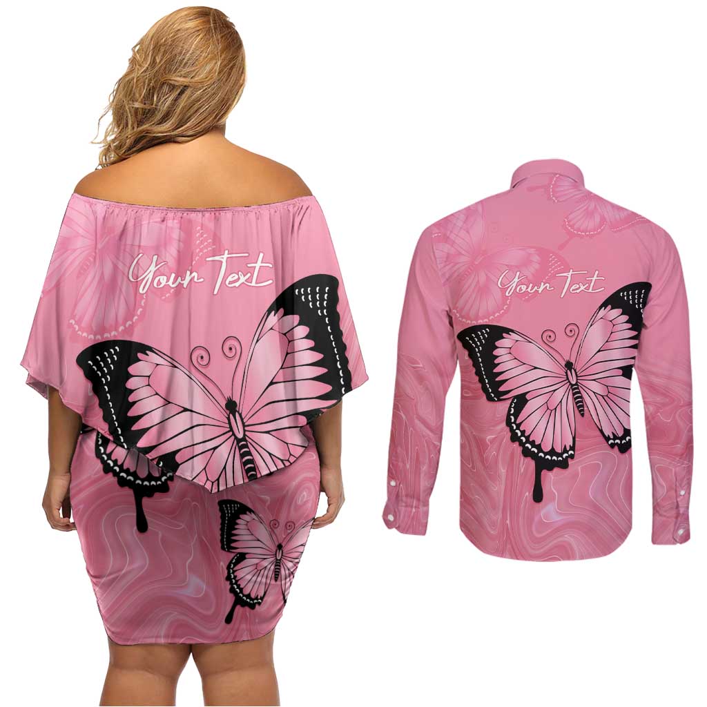 Personalised Australia Breast Cancer Awareness Couples Matching Off Shoulder Short Dress and Long Sleeve Button Shirt Pink Ribbon Butterfly Opal Pattern - Aussie Hoodie