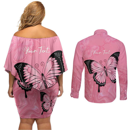 Personalised Australia Breast Cancer Awareness Couples Matching Off Shoulder Short Dress and Long Sleeve Button Shirt Pink Ribbon Butterfly Opal Pattern - Aussie Hoodie