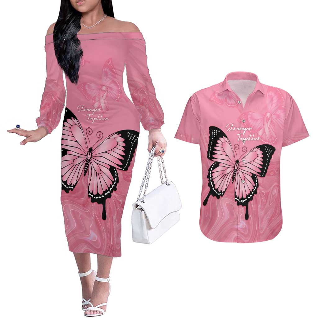 Personalised Australia Breast Cancer Awareness Couples Matching Off The Shoulder Long Sleeve Dress and Hawaiian Shirt Pink Ribbon Butterfly Opal Pattern - Aussie Hoodie
