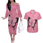 Personalised Australia Breast Cancer Awareness Couples Matching Off The Shoulder Long Sleeve Dress and Hawaiian Shirt Pink Ribbon Butterfly Opal Pattern - Aussie Hoodie