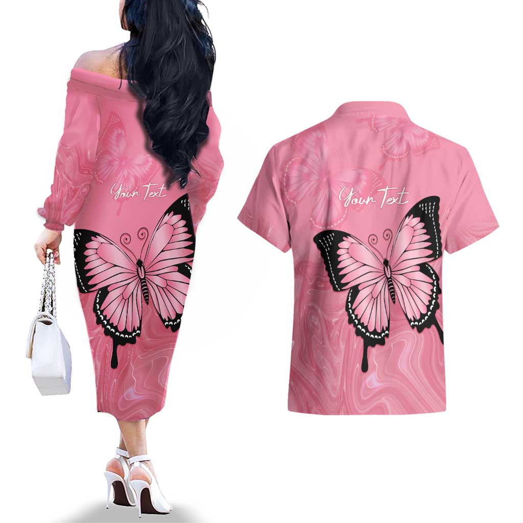 Personalised Australia Breast Cancer Awareness Couples Matching Off The Shoulder Long Sleeve Dress and Hawaiian Shirt Pink Ribbon Butterfly Opal Pattern - Aussie Hoodie
