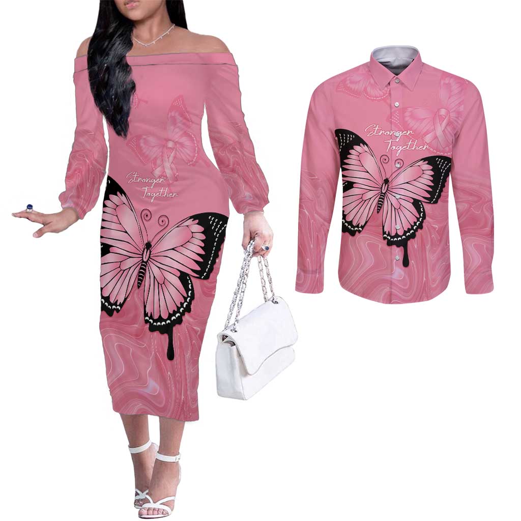 Personalised Australia Breast Cancer Awareness Couples Matching Off The Shoulder Long Sleeve Dress and Long Sleeve Button Shirt Pink Ribbon Butterfly Opal Pattern - Aussie Hoodie