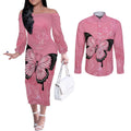Personalised Australia Breast Cancer Awareness Couples Matching Off The Shoulder Long Sleeve Dress and Long Sleeve Button Shirt Pink Ribbon Butterfly Opal Pattern - Aussie Hoodie