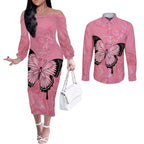 Personalised Australia Breast Cancer Awareness Couples Matching Off The Shoulder Long Sleeve Dress and Long Sleeve Button Shirt Pink Ribbon Butterfly Opal Pattern - Aussie Hoodie