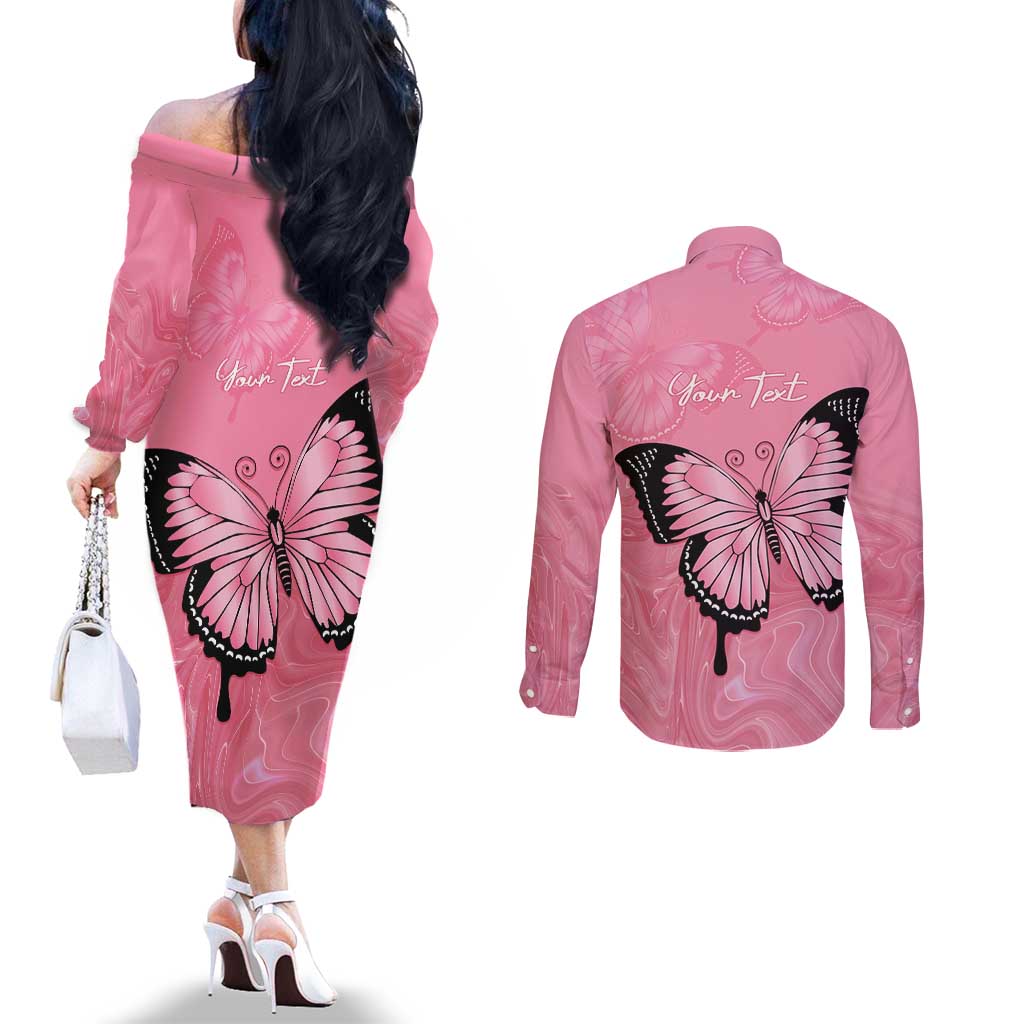 Personalised Australia Breast Cancer Awareness Couples Matching Off The Shoulder Long Sleeve Dress and Long Sleeve Button Shirt Pink Ribbon Butterfly Opal Pattern - Aussie Hoodie
