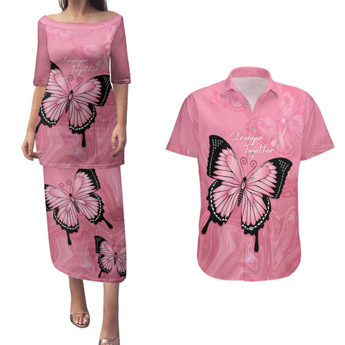 Personalised Australia Breast Cancer Awareness Couples Matching Puletasi and Hawaiian Shirt Pink Ribbon Butterfly Opal Pattern - Aussie Hoodie