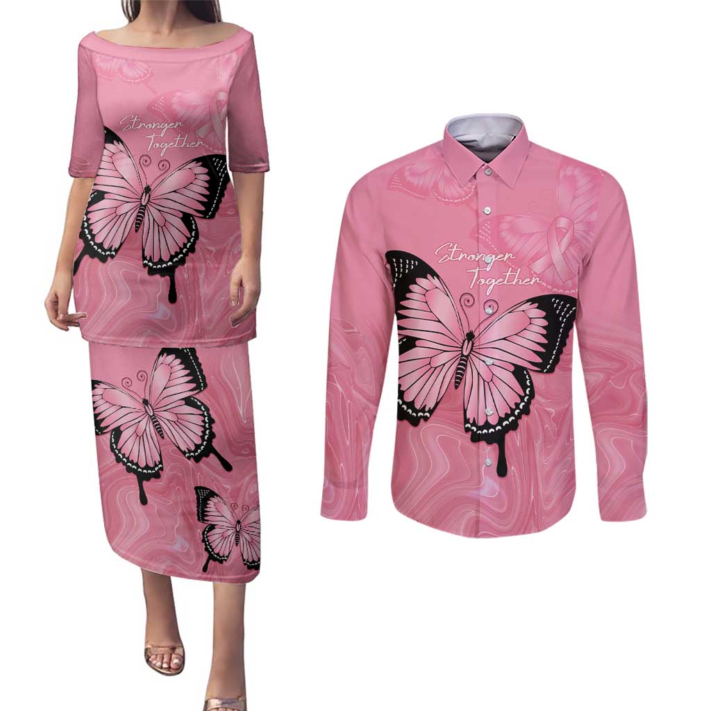Personalised Australia Breast Cancer Awareness Couples Matching Puletasi and Long Sleeve Button Shirt Pink Ribbon Butterfly Opal Pattern - Aussie Hoodie