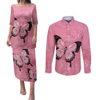 Personalised Australia Breast Cancer Awareness Couples Matching Puletasi and Long Sleeve Button Shirt Pink Ribbon Butterfly Opal Pattern - Aussie Hoodie