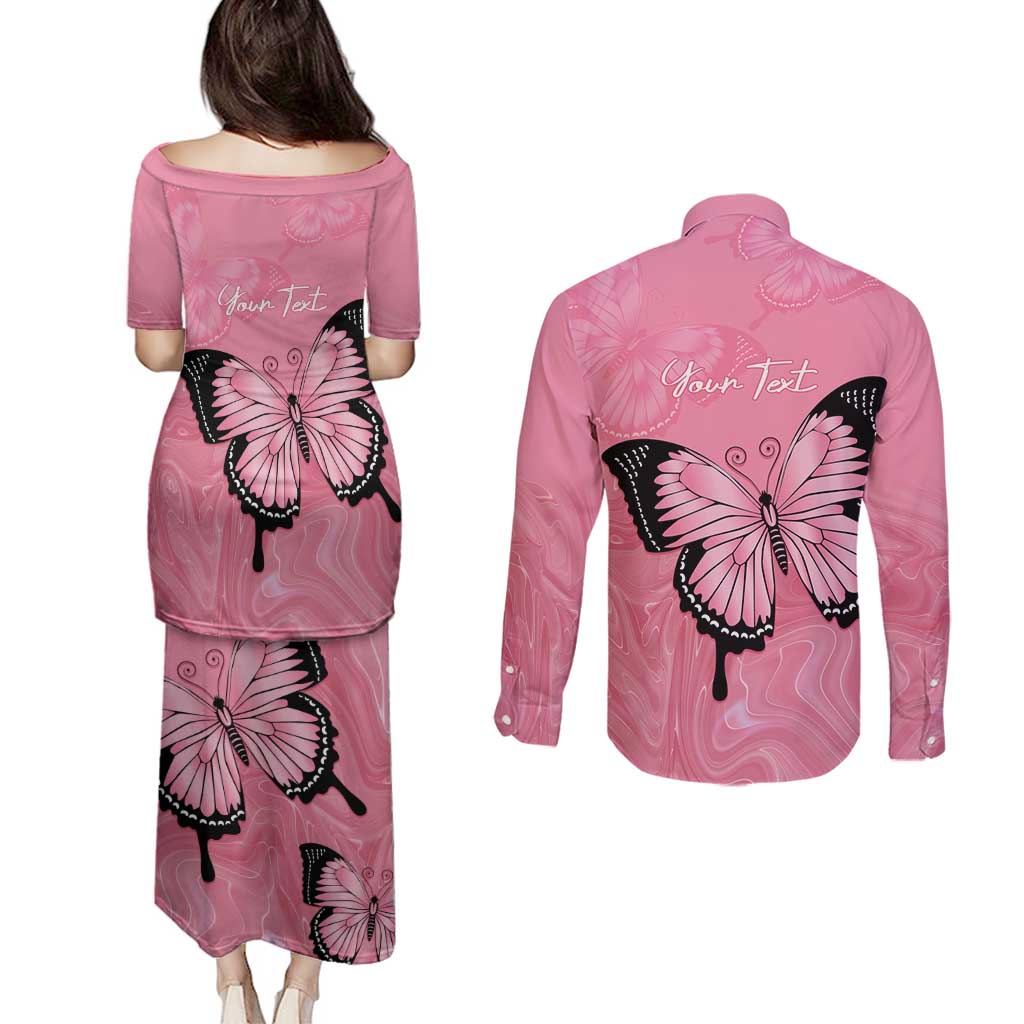 Personalised Australia Breast Cancer Awareness Couples Matching Puletasi and Long Sleeve Button Shirt Pink Ribbon Butterfly Opal Pattern - Aussie Hoodie