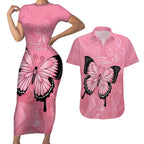 Personalised Australia Breast Cancer Awareness Couples Matching Short Sleeve Bodycon Dress and Hawaiian Shirt Pink Ribbon Butterfly Opal Pattern - Aussie Hoodie