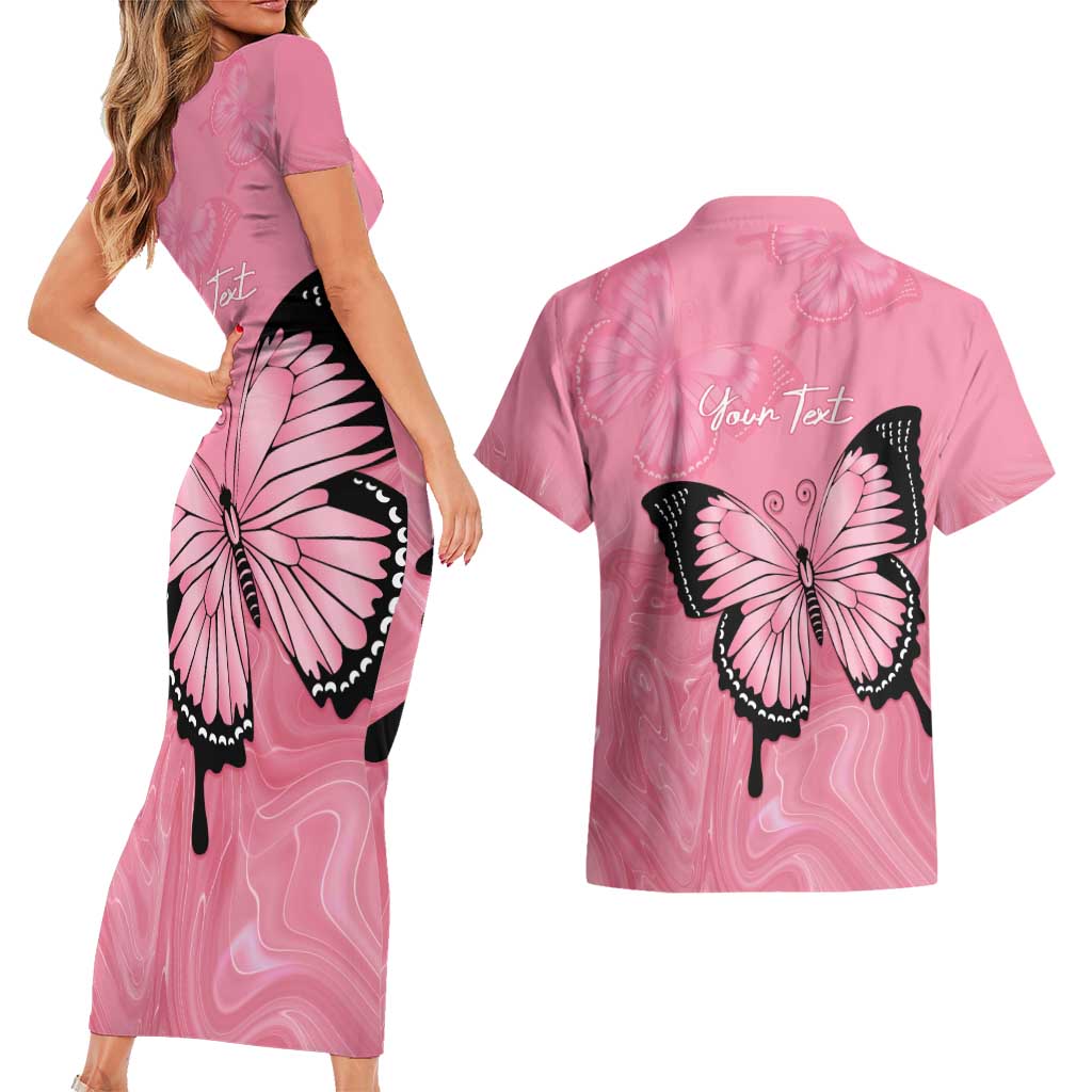 Personalised Australia Breast Cancer Awareness Couples Matching Short Sleeve Bodycon Dress and Hawaiian Shirt Pink Ribbon Butterfly Opal Pattern - Aussie Hoodie