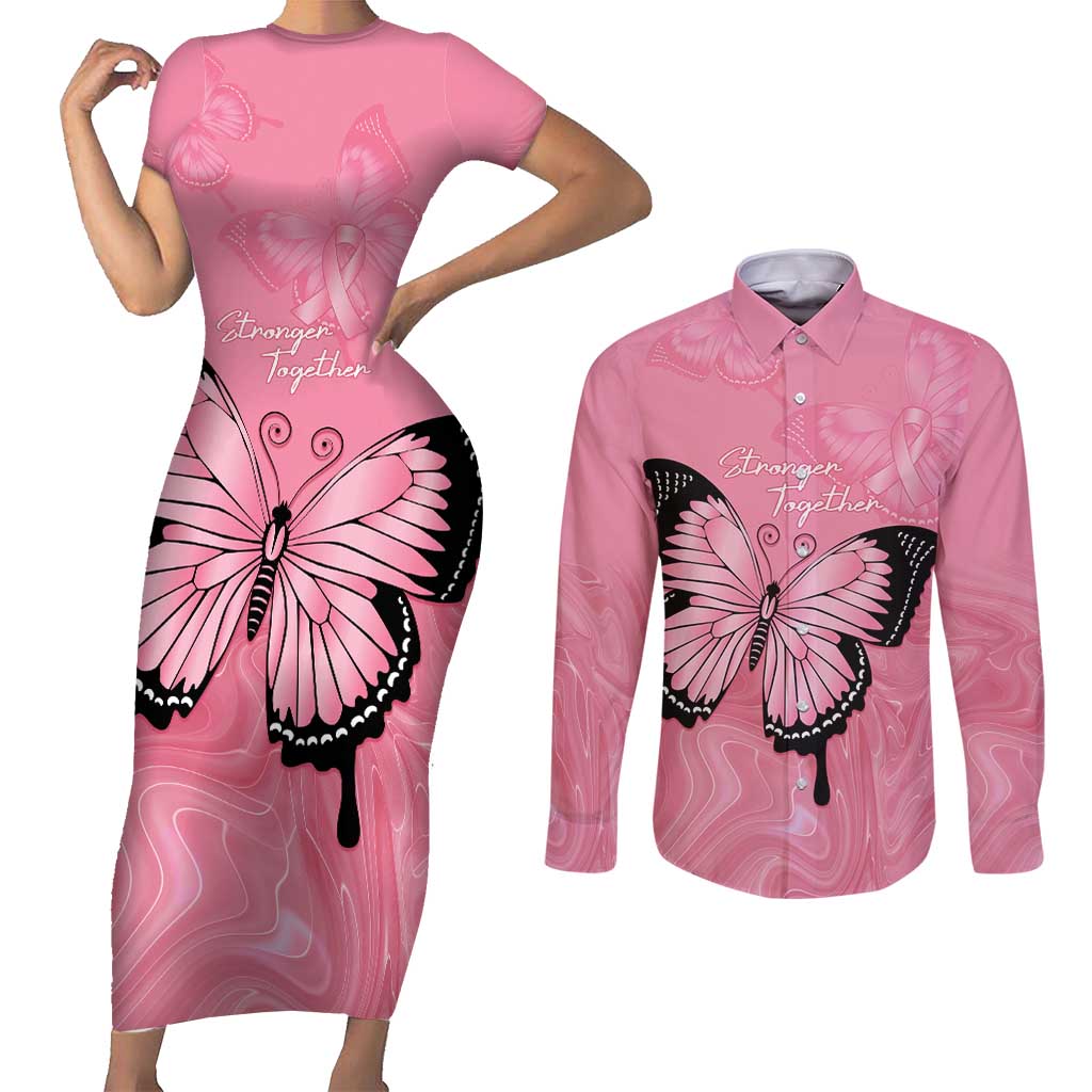 Personalised Australia Breast Cancer Awareness Couples Matching Short Sleeve Bodycon Dress and Long Sleeve Button Shirt Pink Ribbon Butterfly Opal Pattern - Aussie Hoodie