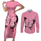 Personalised Australia Breast Cancer Awareness Couples Matching Short Sleeve Bodycon Dress and Long Sleeve Button Shirt Pink Ribbon Butterfly Opal Pattern - Aussie Hoodie
