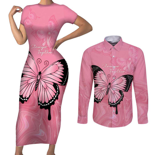 Personalised Australia Breast Cancer Awareness Couples Matching Short Sleeve Bodycon Dress and Long Sleeve Button Shirt Pink Ribbon Butterfly Opal Pattern - Aussie Hoodie