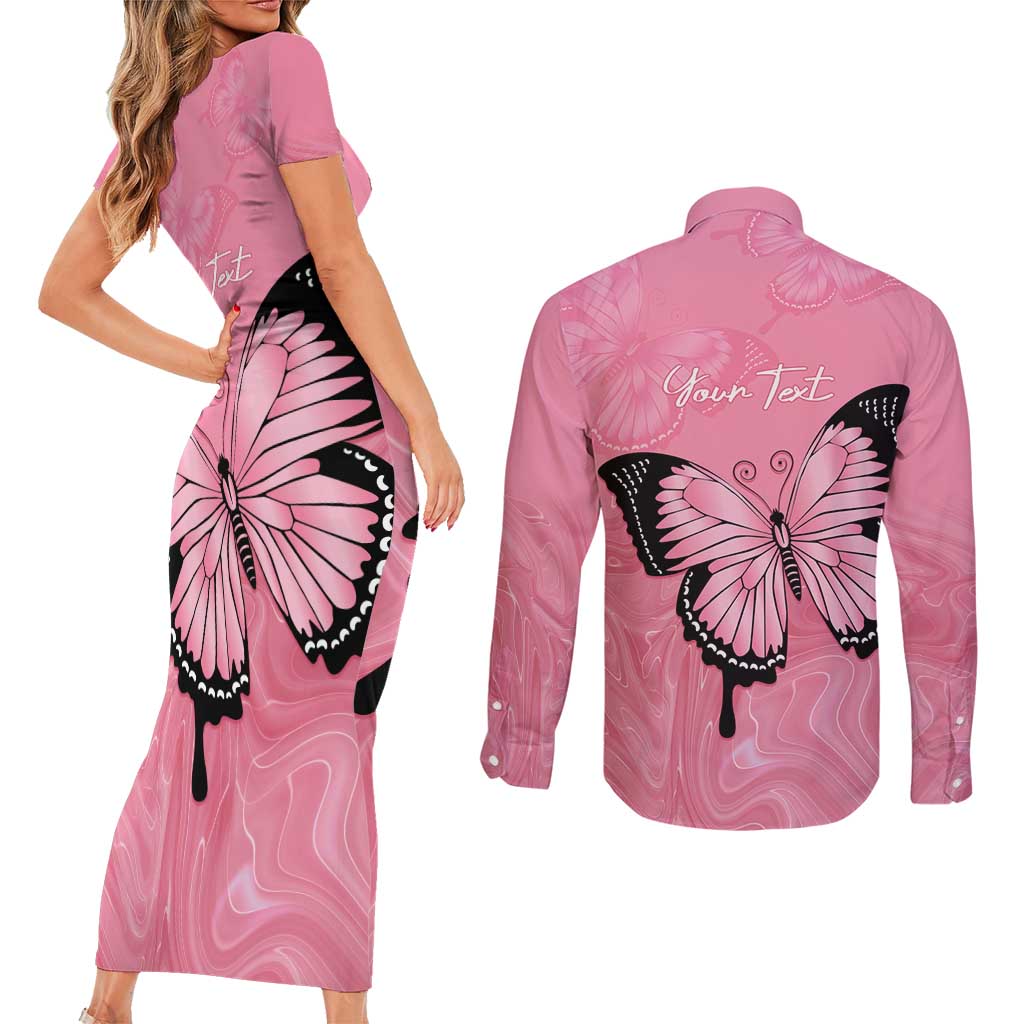 Personalised Australia Breast Cancer Awareness Couples Matching Short Sleeve Bodycon Dress and Long Sleeve Button Shirt Pink Ribbon Butterfly Opal Pattern - Aussie Hoodie