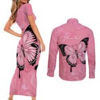 Personalised Australia Breast Cancer Awareness Couples Matching Short Sleeve Bodycon Dress and Long Sleeve Button Shirt Pink Ribbon Butterfly Opal Pattern - Aussie Hoodie