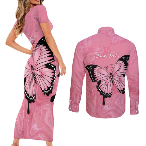 Personalised Australia Breast Cancer Awareness Couples Matching Short Sleeve Bodycon Dress and Long Sleeve Button Shirt Pink Ribbon Butterfly Opal Pattern - Aussie Hoodie