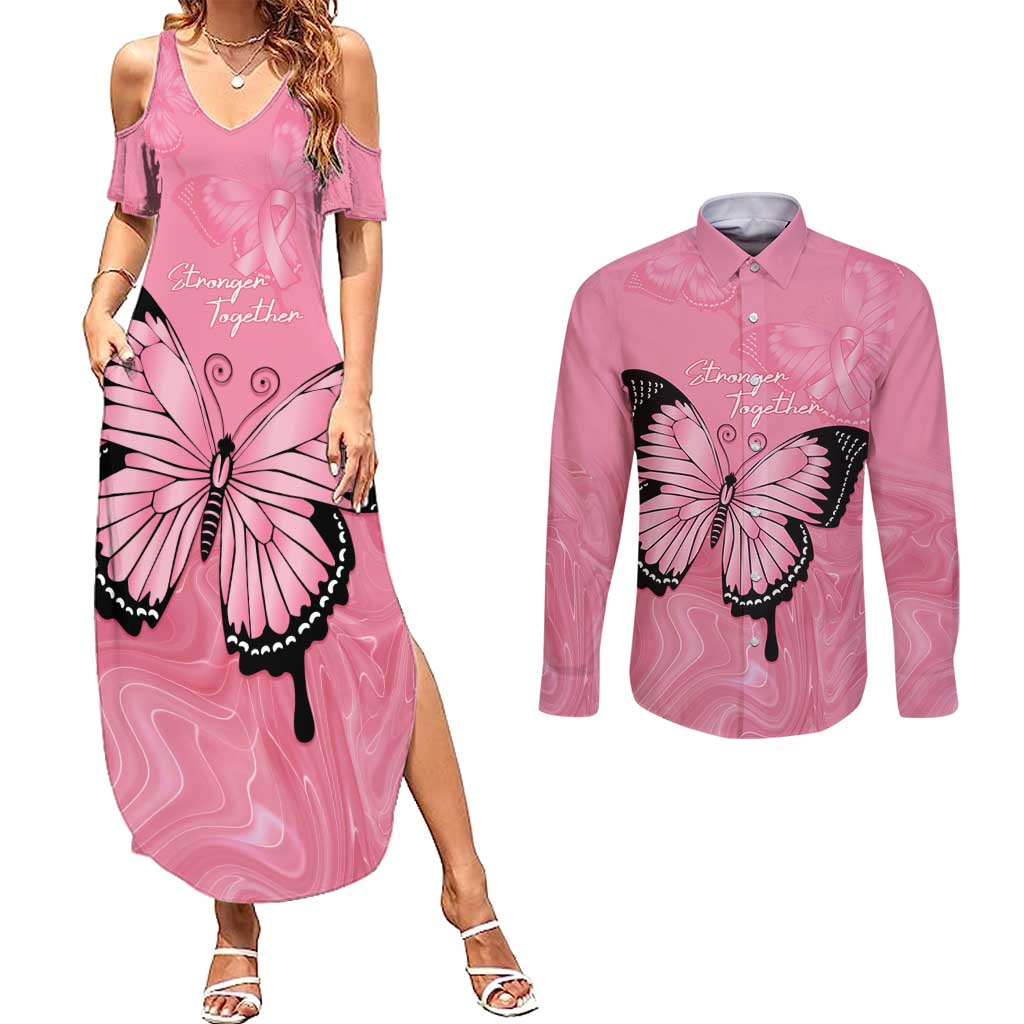 Personalised Australia Breast Cancer Awareness Couples Matching Summer Maxi Dress and Long Sleeve Button Shirt Pink Ribbon Butterfly Opal Pattern - Aussie Hoodie