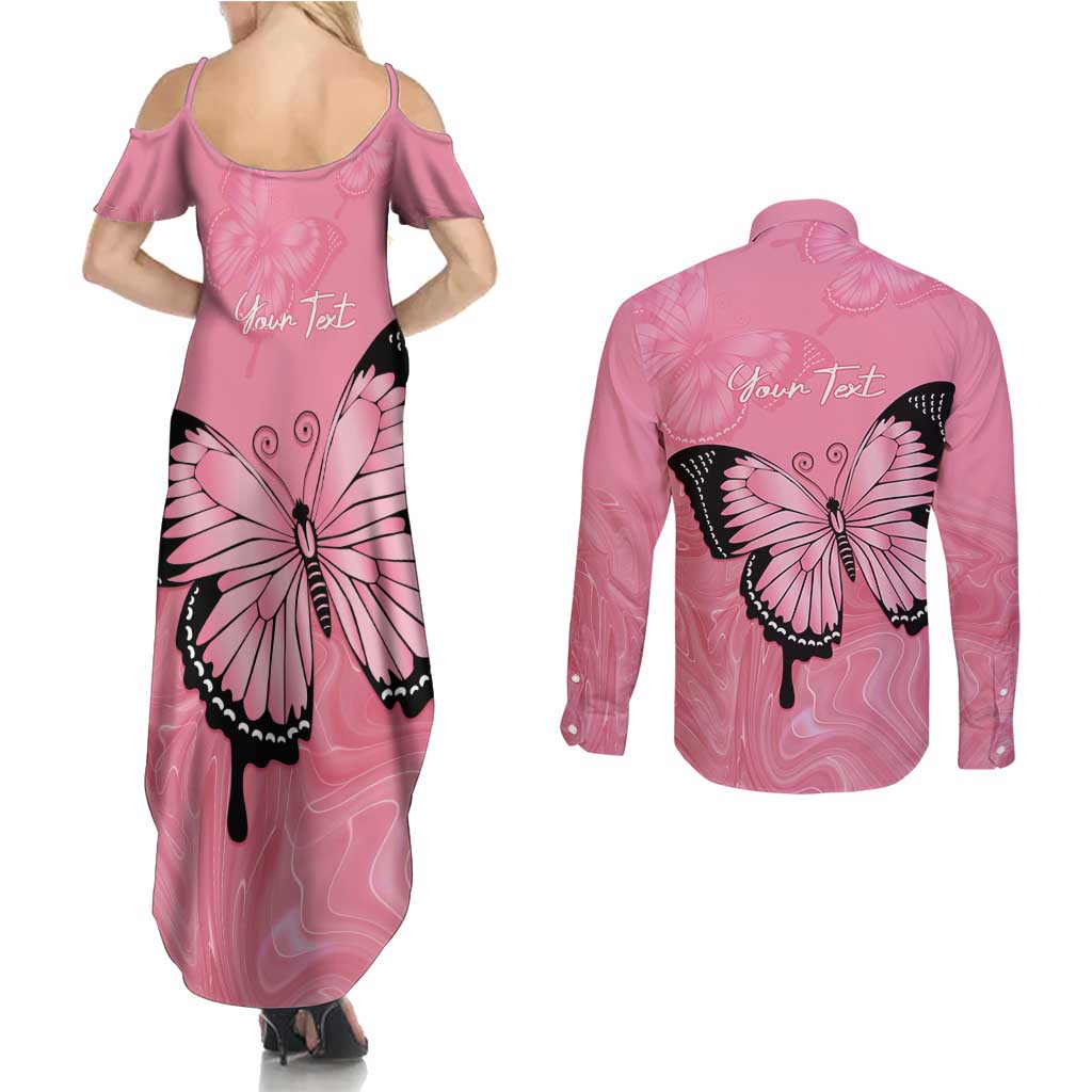 Personalised Australia Breast Cancer Awareness Couples Matching Summer Maxi Dress and Long Sleeve Button Shirt Pink Ribbon Butterfly Opal Pattern - Aussie Hoodie