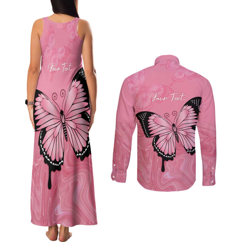 Personalised Australia Breast Cancer Awareness Couples Matching Tank Maxi Dress and Long Sleeve Button Shirt Pink Ribbon Butterfly Opal Pattern - Aussie Hoodie