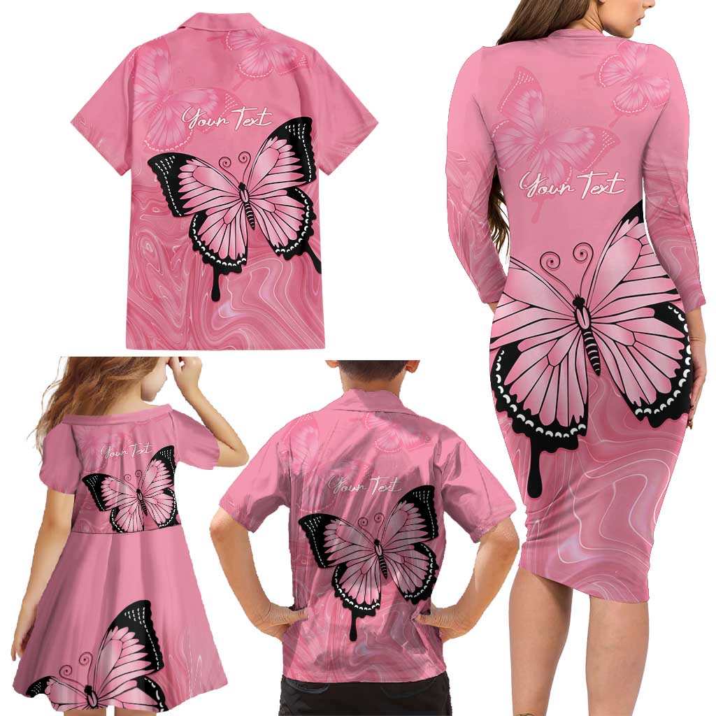 Personalised Australia Breast Cancer Awareness Family Matching Long Sleeve Bodycon Dress and Hawaiian Shirt Pink Ribbon Butterfly Opal Pattern - Aussie Hoodie