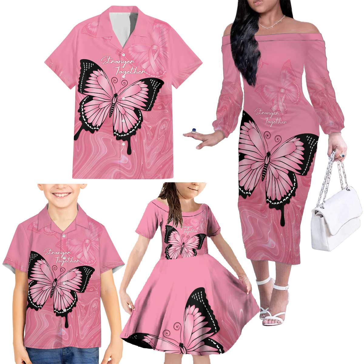 Personalised Australia Breast Cancer Awareness Family Matching Off The Shoulder Long Sleeve Dress and Hawaiian Shirt Pink Ribbon Butterfly Opal Pattern - Aussie Hoodie
