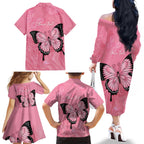 Personalised Australia Breast Cancer Awareness Family Matching Off The Shoulder Long Sleeve Dress and Hawaiian Shirt Pink Ribbon Butterfly Opal Pattern - Aussie Hoodie
