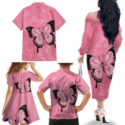 Personalised Australia Breast Cancer Awareness Family Matching Off The Shoulder Long Sleeve Dress and Hawaiian Shirt Pink Ribbon Butterfly Opal Pattern - Aussie Hoodie