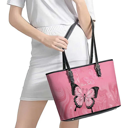 Personalised Australia Breast Cancer Awareness Leather Tote Bag Pink Ribbon Butterfly Opal Pattern - Aussie Hoodie