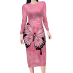 Personalised Australia Breast Cancer Awareness Long Sleeve Bodycon Dress Pink Ribbon Butterfly Opal Pattern - Aussie Hoodie