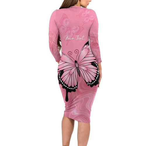Personalised Australia Breast Cancer Awareness Long Sleeve Bodycon Dress Pink Ribbon Butterfly Opal Pattern - Aussie Hoodie