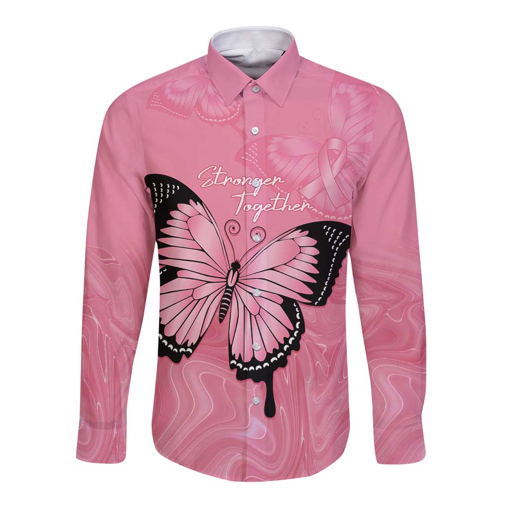 Personalised Australia Breast Cancer Awareness Long Sleeve Button Shirt Pink Ribbon Butterfly Opal Pattern - Aussie Hoodie