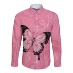 Personalised Australia Breast Cancer Awareness Long Sleeve Button Shirt Pink Ribbon Butterfly Opal Pattern - Aussie Hoodie