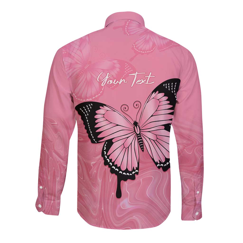 Personalised Australia Breast Cancer Awareness Long Sleeve Button Shirt Pink Ribbon Butterfly Opal Pattern - Aussie Hoodie