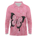 Personalised Australia Breast Cancer Awareness Long Sleeve Polo Shirt Pink Ribbon Butterfly Opal Pattern - Aussie Hoodie