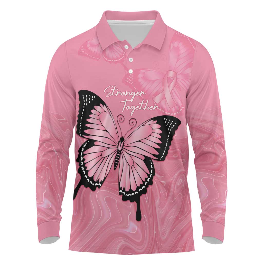 Personalised Australia Breast Cancer Awareness Long Sleeve Polo Shirt Pink Ribbon Butterfly Opal Pattern - Aussie Hoodie