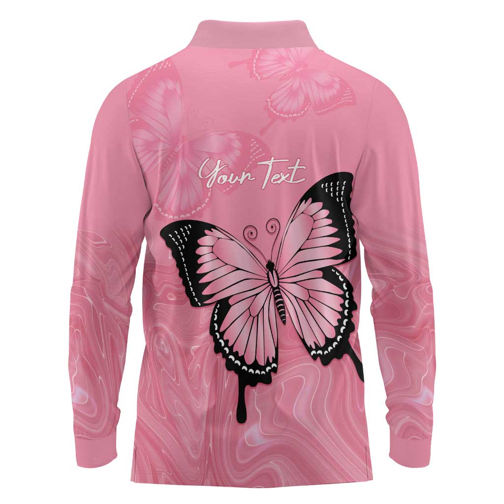 Personalised Australia Breast Cancer Awareness Long Sleeve Polo Shirt Pink Ribbon Butterfly Opal Pattern - Aussie Hoodie