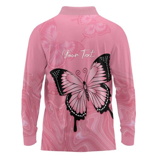 Personalised Australia Breast Cancer Awareness Long Sleeve Polo Shirt Pink Ribbon Butterfly Opal Pattern - Aussie Hoodie