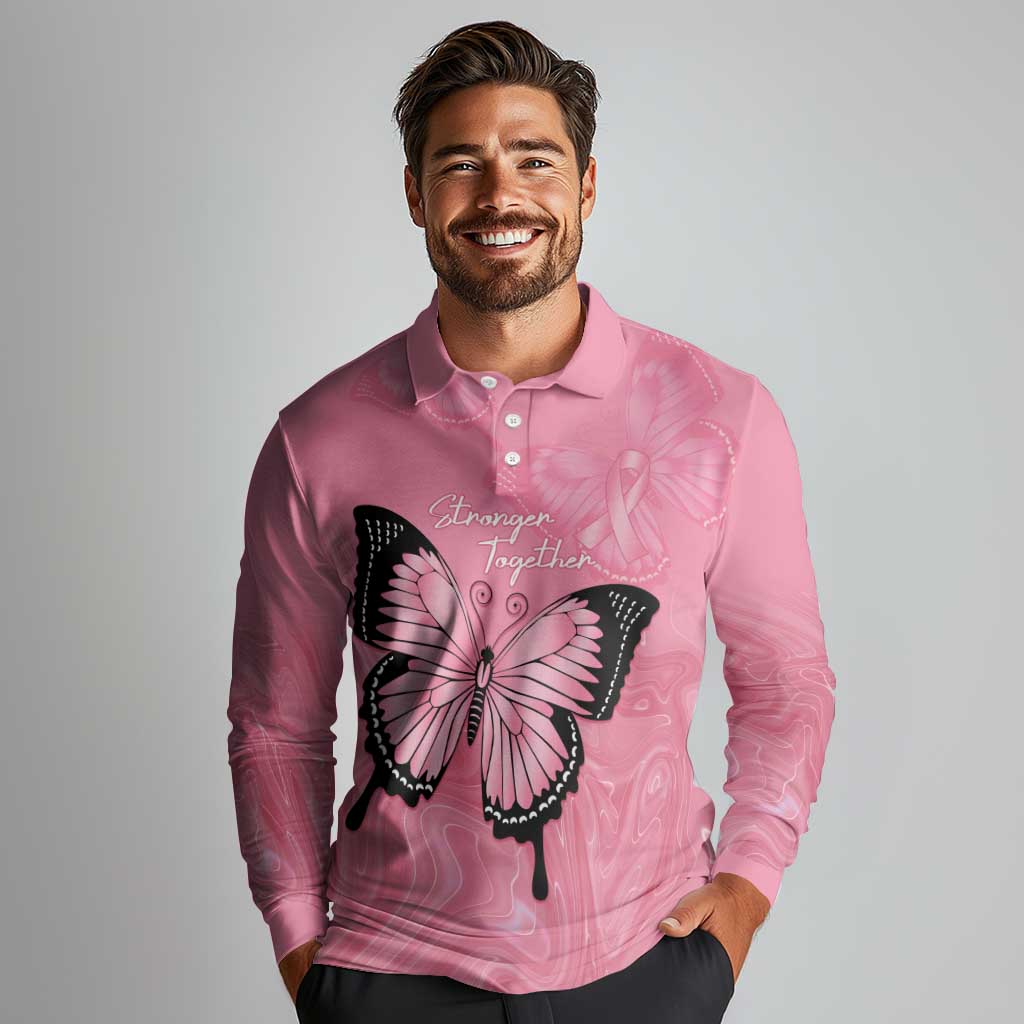 Personalised Australia Breast Cancer Awareness Long Sleeve Polo Shirt Pink Ribbon Butterfly Opal Pattern - Aussie Hoodie