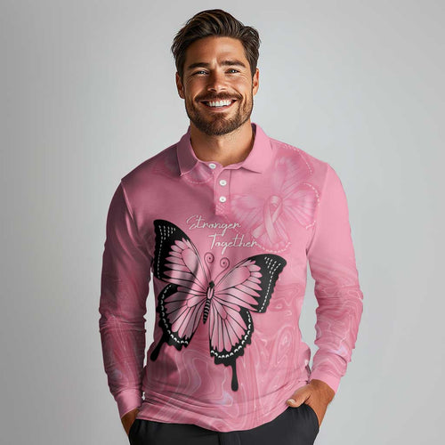 Personalised Australia Breast Cancer Awareness Long Sleeve Polo Shirt Pink Ribbon Butterfly Opal Pattern - Aussie Hoodie