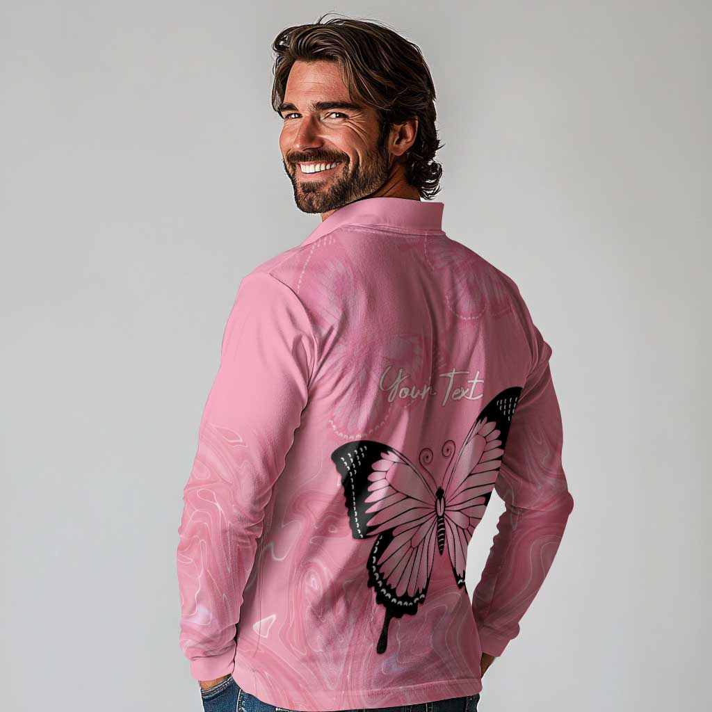 Personalised Australia Breast Cancer Awareness Long Sleeve Polo Shirt Pink Ribbon Butterfly Opal Pattern - Aussie Hoodie