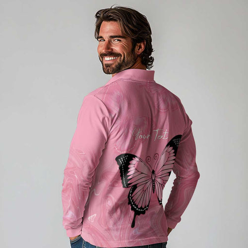 Personalised Australia Breast Cancer Awareness Long Sleeve Polo Shirt Pink Ribbon Butterfly Opal Pattern - Aussie Hoodie
