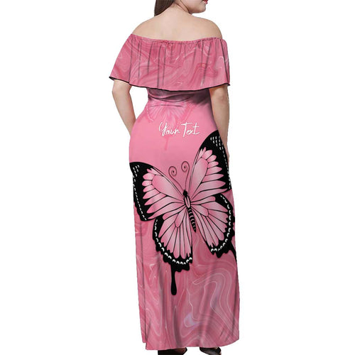 Personalised Australia Breast Cancer Awareness Off Shoulder Maxi Dress Pink Ribbon Butterfly Opal Pattern - Aussie Hoodie