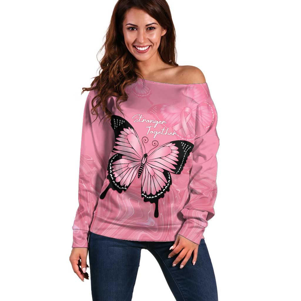 Personalised Australia Breast Cancer Awareness Off Shoulder Sweater Pink Ribbon Butterfly Opal Pattern - Aussie Hoodie
