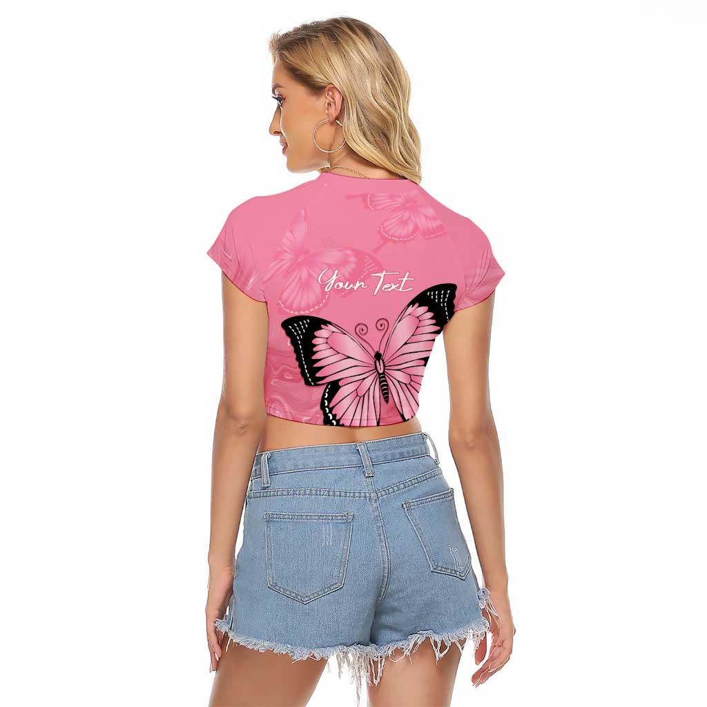 Personalised Australia Breast Cancer Awareness Raglan Cropped T Shirt Pink Ribbon Butterfly Opal Pattern - Aussie Hoodie