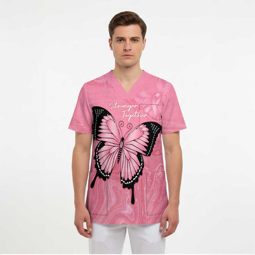 Personalised Australia Breast Cancer Awareness Scrub Top Pink Ribbon Butterfly Opal Pattern - Aussie Hoodie