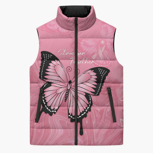 Personalised Australia Breast Cancer Awareness Sleeveless Puffer Jacket Pink Ribbon Butterfly Opal Pattern - Aussie Hoodie