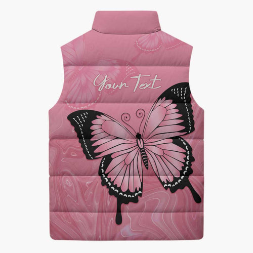 Personalised Australia Breast Cancer Awareness Sleeveless Puffer Jacket Pink Ribbon Butterfly Opal Pattern - Aussie Hoodie