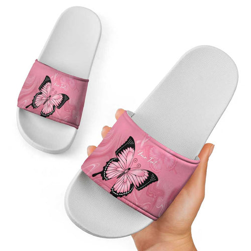 Personalised Australia Breast Cancer Awareness Slide Sandals Pink Ribbon Butterfly Opal Pattern - Aussie Hoodie